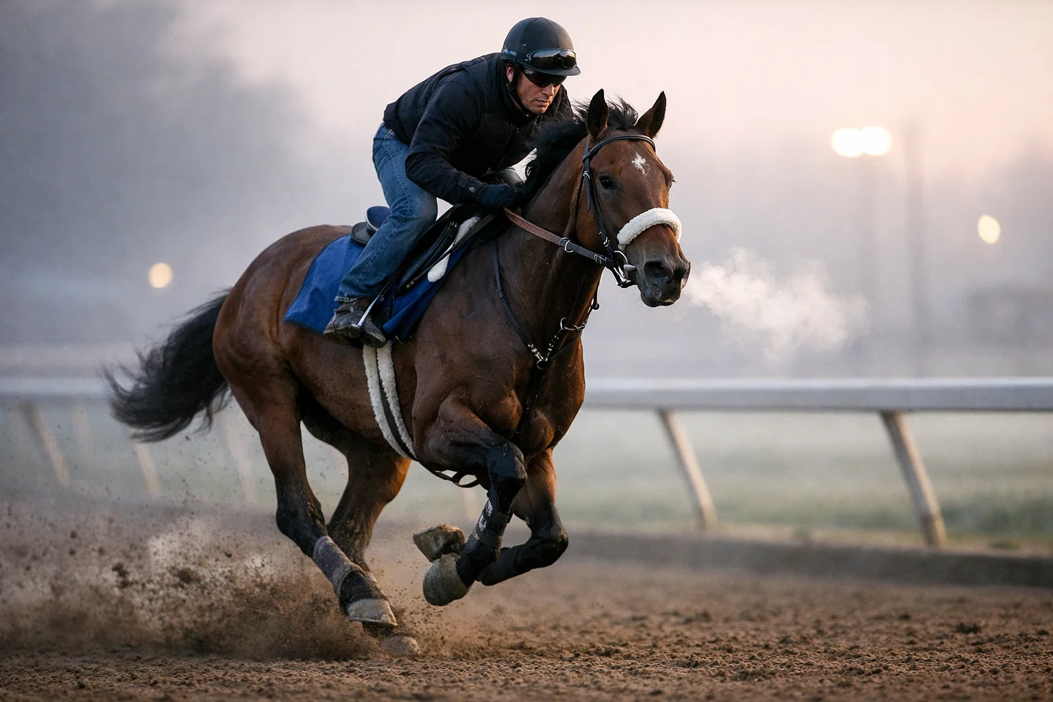 Thoroughbred horse and exercise rider during early morning workout on a racetrack