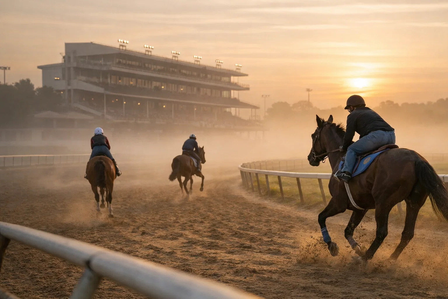 Multiple horses training on the track during early morning workout session